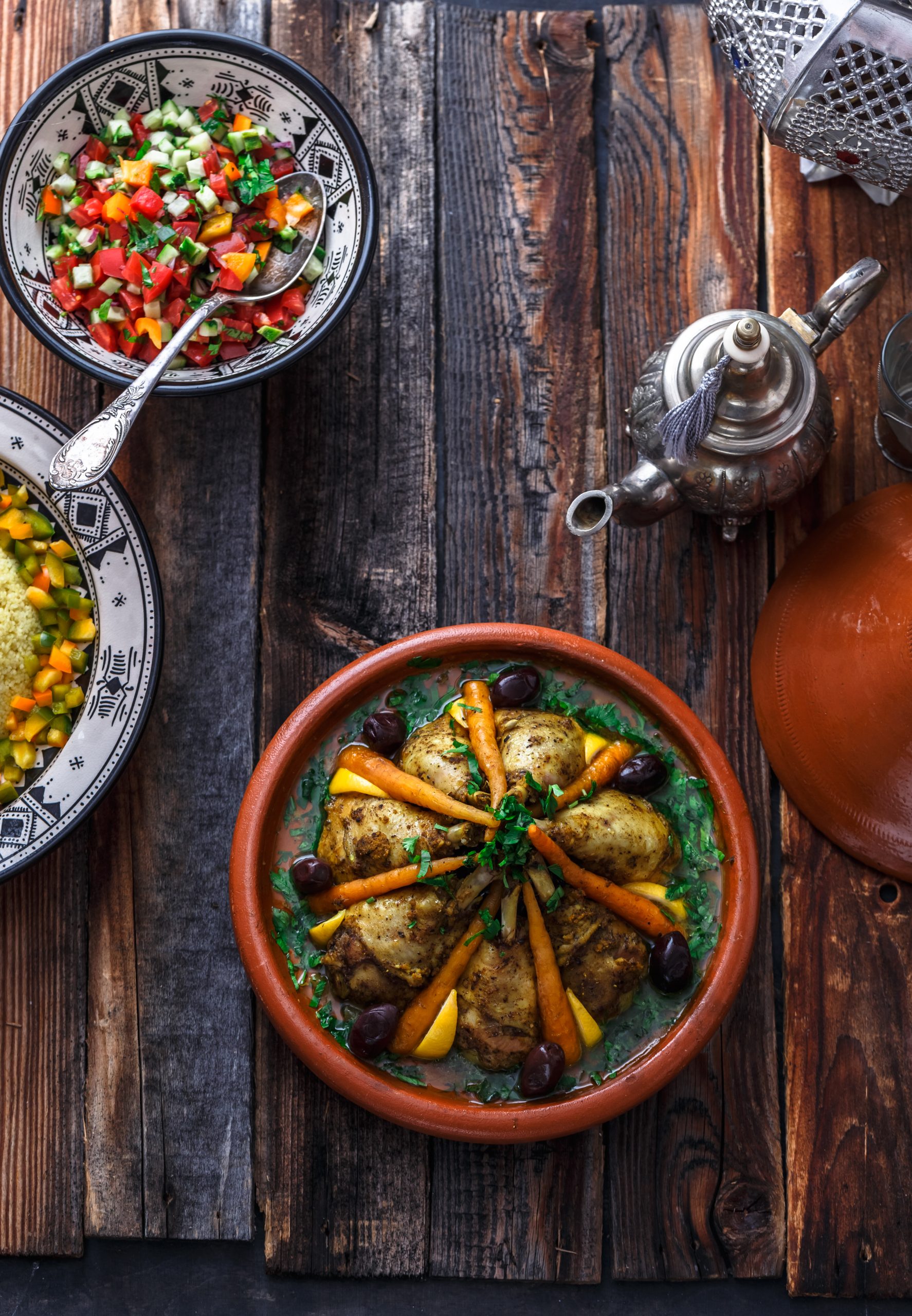 Morrocan family meal tajine, couscous, salad and tea