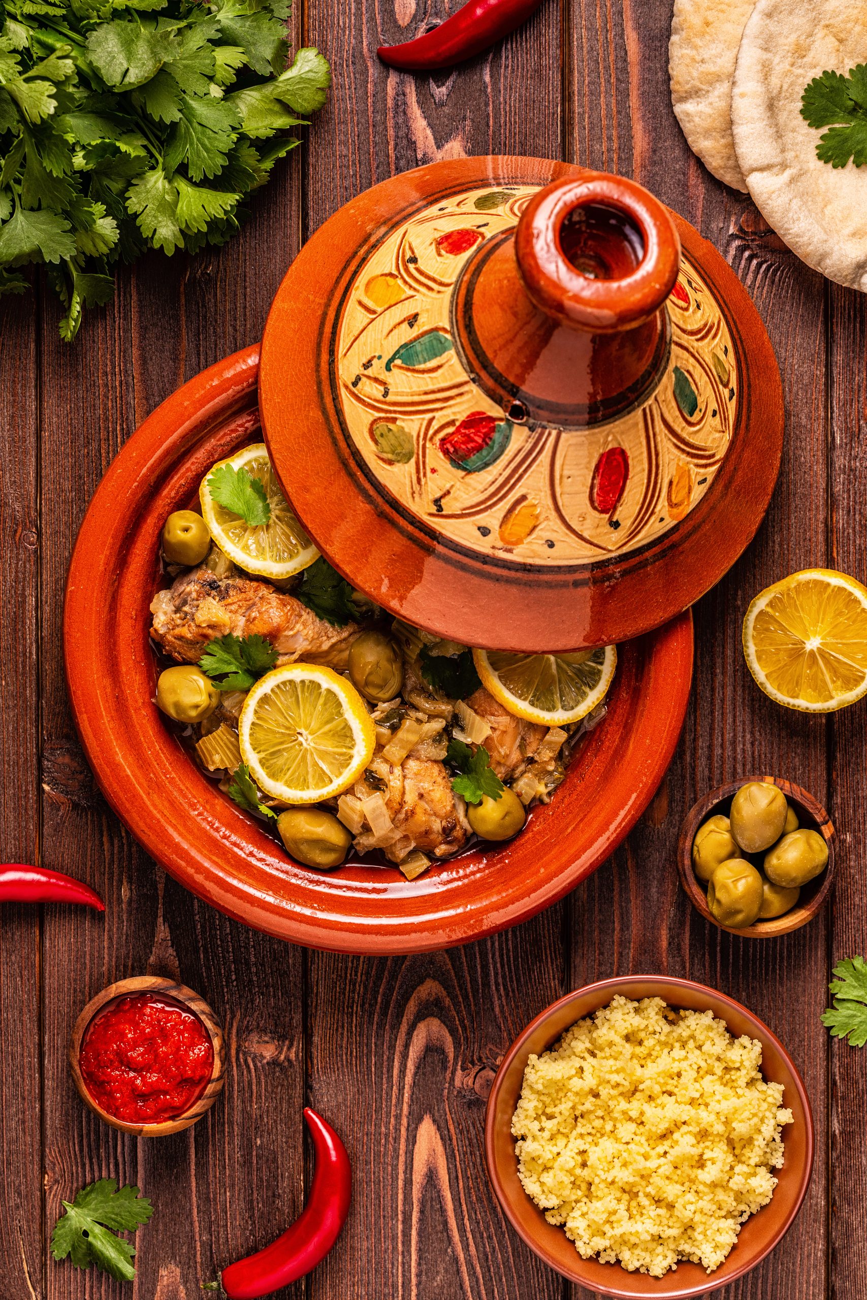 Traditional moroccan tajine of chicken with salted lemons, olives. Top view.
